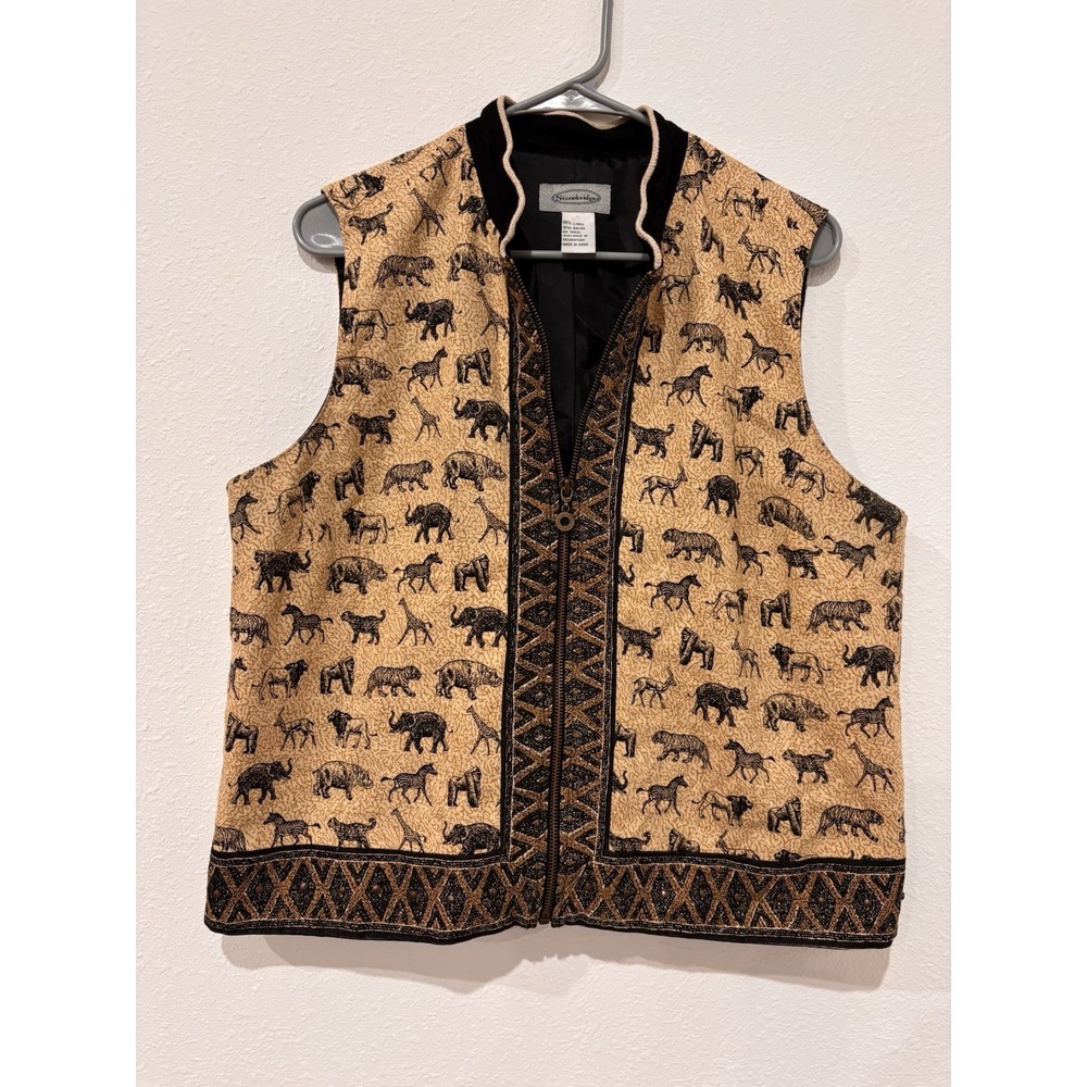 Stonebridge Women's Vest L Safari Animal Print Beaded Trim Full Zip Linen Blend - Picture 2 of 12